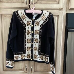 Dressbarn cardigan holiday winter sweater sz M black w/ snowflakes